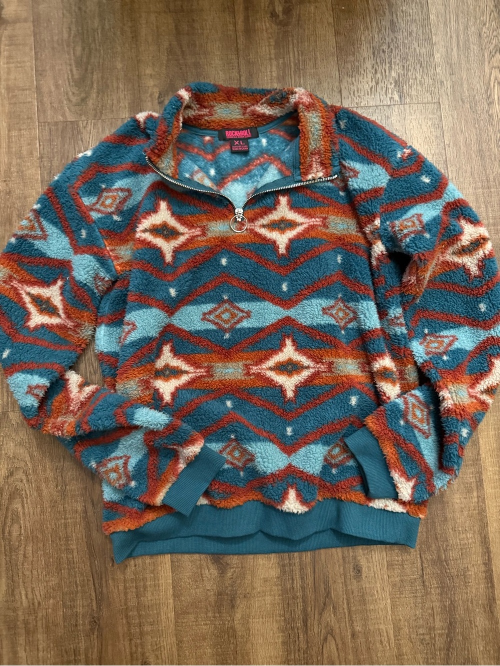 VNTG Style Rock & Roll Denim Aztec Sherpa Quarter Zip Fleece XL